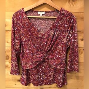 Laura 3/4 sleeve pink paisley shirt.